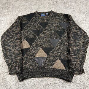 Vintage Cambridge Classics Mervyns Chunky Knit Sweater Mens M Leather Triangles